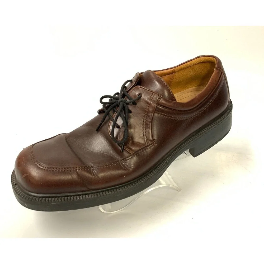 ECCO Mens Brown Leather Square Toe Lace Up Derby Shoes Shock Point‎ Size 44